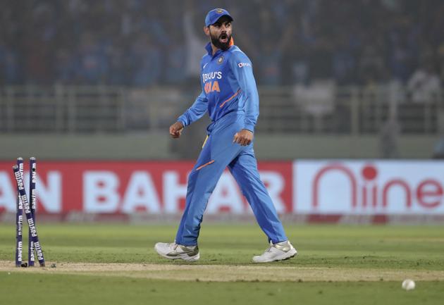 Virat Kohli celebrates the dismissal of West Indies' Shimron Hetmyer. (AP)