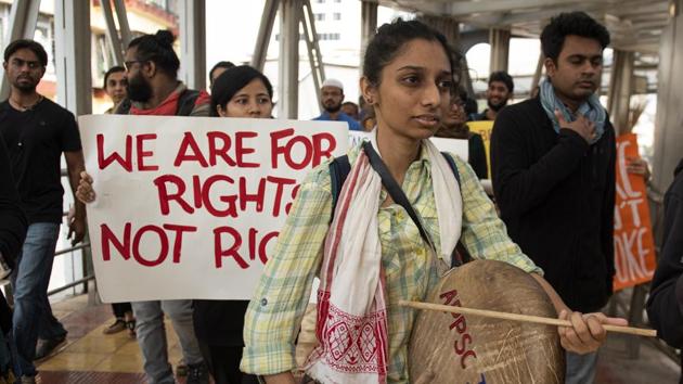 People gather to protest against CAA and NRC at August Kranti Maidan in Mumbai. (Satish Bate/HT Photo)