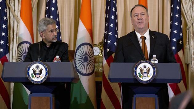 USSecretary of State Mike Pompeo accompanied by External Affairs Minister Dr. S Jaishankar during a news conference after a bilateral meeting of the US and India in Washington. (AP PHOTO.) USSecretary of State Mike Pompeo accompanied by External Affairs Minister Dr. S Jaishankar during a news conference after a bilateral meeting of the US and India in Washington. (AP PHOTO.)