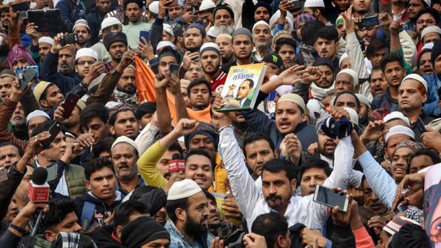 Bhim Army chief Chandrashekhar Azad and others hold a demonstration against the Citizenship Amendment Act (CAA) at Jama Masjid. (PTI)