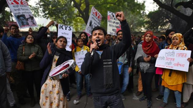 Demonstrators protest with posters and banners against the Citizenship Amendment Act (CAA) and National Register of Citizens (NRC) at Jantar Mantar. (Sanchit Khanna/HT PHOTO)