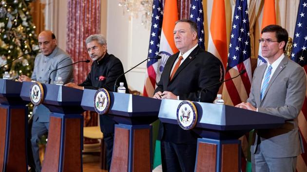 Indian Minister of Defense Shri Rajnath Singh, Indian Minister of External Affairs Subrahmanyam Jaishankar, U.S. Secretary of State Mike Pompeo, and U.S. Defense Secretary Mark Esper speak after the 2019 U.S.-India 2+2 Ministerial Dialogue at the State Department in Washington. (REUTERS) Indian Minister of Defense Shri Rajnath Singh, Indian Minister of External Affairs Subrahmanyam Jaishankar, U.S. Secretary of State Mike Pompeo, and U.S. Defense Secretary Mark Esper speak after the 2019 U.S.-India 2+2 Ministerial Dialogue at the State Department in Washington. (REUTERS)