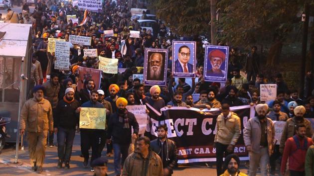 Joined by various citizen groups, hundreds of students took out a protest march against the Citizenship (Amendment) Act and National Register of Citizens in Chandigarh on Thursday. Starting from the Panjab University campus in Sector 14, the rally ended at the Plaza in Sector 17. The gathering also condemned the attack on students at Jamia Millia Islamia, Delhi. (Sanjeev Sharma/HT) Joined by various citizen groups, hundreds of students took out a protest march against the Citizenship (Amendment) Act and National Register of Citizens in Chandigarh on Thursday. Starting from the Panjab University campus in Sector 14, the rally ended at the Plaza in Sector 17. The gathering also condemned the attack on students at Jamia Millia Islamia, Delhi. (Sanjeev Sharma/HT)