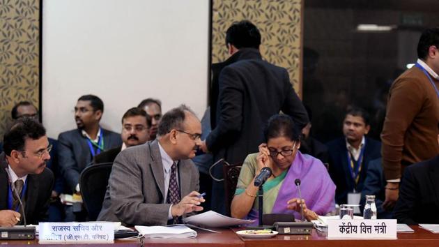 Union Finance Minister Nirmala Sitharaman discusses with the Revenue Secretary Ajay Bhushan Pandey as Union Minister of State for Finance Anurag Singh Thakur looks on during the 38th GST Council meeting with States and UTs Finance Ministers in New Delhi on Wednesday. (ANI Photo) Union Finance Minister Nirmala Sitharaman discusses with the Revenue Secretary Ajay Bhushan Pandey as Union Minister of State for Finance Anurag Singh Thakur looks on during the 38th GST Council meeting with States and UTs Finance Ministers in New Delhi on Wednesday. (ANI Photo)