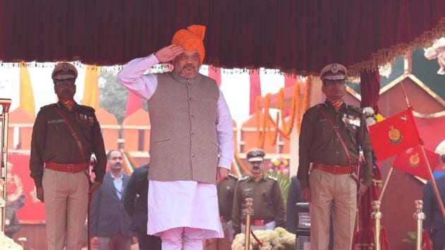 Home minister Amit Shah during the 56th raising day of Sashastra Seema Bal (SSB) at SSB parade ground in Ghitorni in New Delhi. (Raj K Raj/HT PHOTO) Home minister Amit Shah during the 56th raising day of Sashastra Seema Bal (SSB) at SSB parade ground in Ghitorni in New Delhi. (Raj K Raj/HT PHOTO)