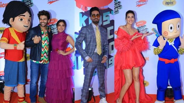 Kartik Aaryan, Bhumi Pednekar, Ayushmann Khurrana and Kriti Sanon at the Nickelodeon Kids’ Choice Awards in Mumbai.(Varinder Chawla)