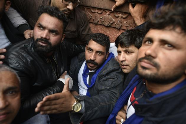 Bhim Army chief Chandrashekhar Azad during a protest against CAA, at Jama Masjid, in New Delhi, India, on Friday, December 20, 2019. (Biplov Bhuyan/HT PHOTO) Bhim Army chief Chandrashekhar Azad during a protest against CAA, at Jama Masjid, in New Delhi, India, on Friday, December 20, 2019. (Biplov Bhuyan/HT PHOTO)