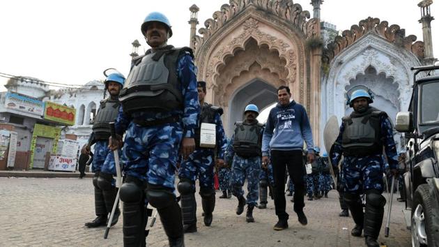Rapid Action Force are seen during anti CAA protest, at Hussainabad, in Old City, Lucknow, Uttar Pradesh on December 20, 2019. (Photo: Dheeraj Dhawan / Hindustan Times) Rapid Action Force are seen during anti CAA protest, at Hussainabad, in Old City, Lucknow, Uttar Pradesh on December 20, 2019. (Photo: Dheeraj Dhawan / Hindustan Times)