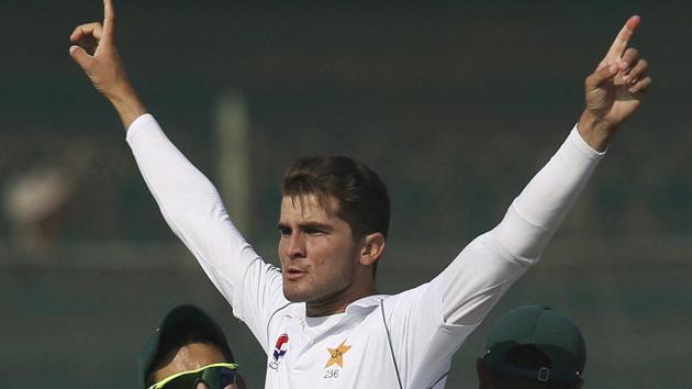 Pakistani bowler Shaheen Afridi celebrates the dismissal.(AP)