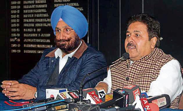 All India Congress Committee spokesperson Rajeev Shukla (right) addressing the press at Chandigarh Press Club on Sunday. (Anil Dayal/HT) All India Congress Committee spokesperson Rajeev Shukla (right) addressing the press at Chandigarh Press Club on Sunday. (Anil Dayal/HT)