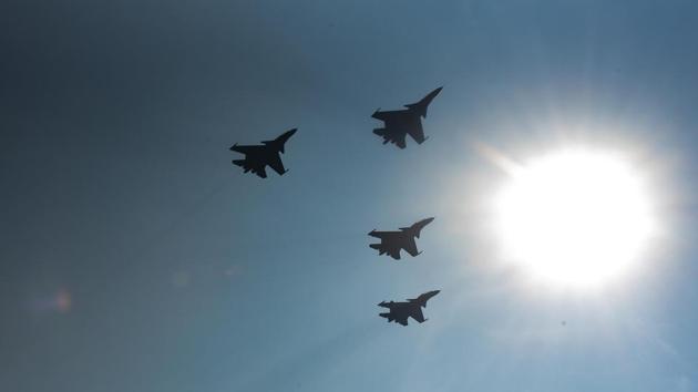 A formation of Indian Air Force Su-30 MKI aircraft during successful culmination of the Air Force component of Ex INDRA 19 at Air Force Station Lohegaon, in Pune, Maharshtra. As part of this exercise the Indian armed forces and their Russian counterparts under took joint air, land and sea operations. (Pratham Gokhale / HT Photo) A formation of Indian Air Force Su-30 MKI aircraft during successful culmination of the Air Force component of Ex INDRA 19 at Air Force Station Lohegaon, in Pune, Maharshtra. As part of this exercise the Indian armed forces and their Russian counterparts under took joint air, land and sea operations. (Pratham Gokhale / HT Photo)