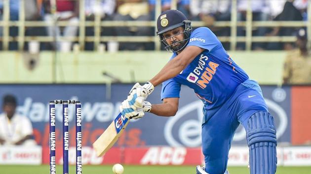 India's Rohit Sharma plays a shot during the 2nd One Day International cricket match against West Indies at ACA-VDCA Cricket Stadium in Visakhapatnam, Wednesday, Dec. 18, 2019.(PTI)