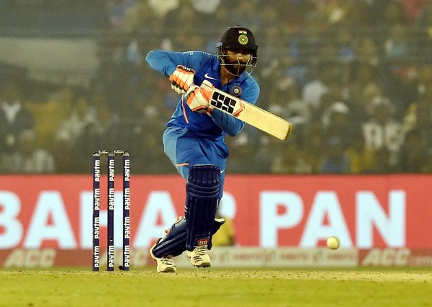 Indian batsman Ravindra Jadeja plays a shot. (PTI)