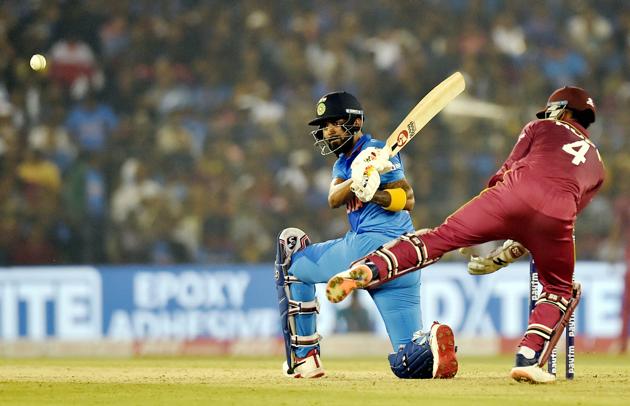 Indian batsman K L Rahul hits a boundary. (PTI)