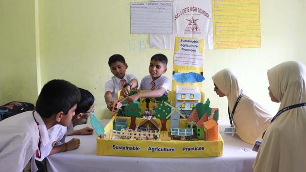 Students at the Science Exhibition organized by KDMC Education Dept where around 67 schools participated at Holy Faith English School, Kalyan East, Maharashtra. The theme was Science and Technology for Sustainable development. (Rishikesh Choudhary / HT Photo) Students at the Science Exhibition organized by KDMC Education Dept where around 67 schools participated at Holy Faith English School, Kalyan East, Maharashtra. The theme was Science and Technology for Sustainable development. (Rishikesh Choudhary / HT Photo)