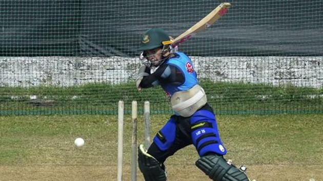 Mushfiqur Rahim plays a shot during a practice session. (PTI) Mushfiqur Rahim plays a shot during a practice session. (PTI)