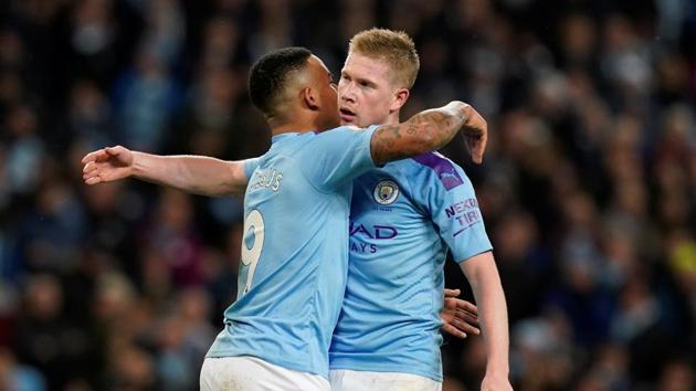 Manchester City v Leicester City - Etihad Stadium, Manchester, Britain - December 21, 2019 Manchester City's Gabriel Jesus celebrates scoring their third goal with Kevin De Bruyne.(REUTERS)