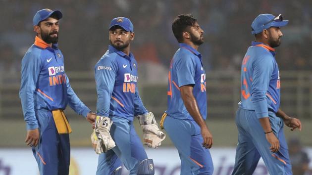 India's Shardul Thakur, second right, and teammates walk together to celebrate the dismissal of West Indies' Even Lewis during the second one day international cricket match between India and West Indies in Visakhapatnam, India, Wednesday, Dec. 18, 2019. (AP) India's Shardul Thakur, second right, and teammates walk together to celebrate the dismissal of West Indies' Even Lewis during the second one day international cricket match between India and West Indies in Visakhapatnam, India, Wednesday, Dec. 18, 2019. (AP)