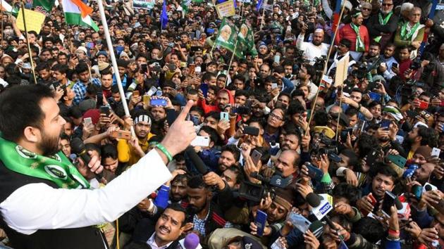 RJD leader Tejashwi Yadav addresses a rally during a Bihar bandh in Patna.(S Kumar/HT File) RJD leader Tejashwi Yadav addresses a rally during a Bihar bandh in Patna.(S Kumar/HT File)