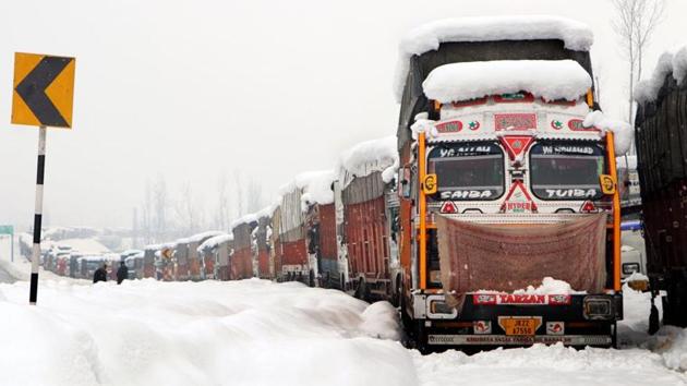 Trucks on Srinagar-Jammu National Highway on Saturday. (ANI Photo) Trucks on Srinagar-Jammu National Highway on Saturday. (ANI Photo)