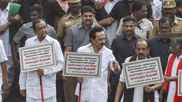DMK president MK Stalin along with leaders of allies, including senior Congress leader P Chidambaram, MDMK chief Vaiko and state unit leaders of the Left parties take part in a protest rally against the Citizenship (Amendment) Act (CAA), in Chennai. (PTI) DMK president MK Stalin along with leaders of allies, including senior Congress leader P Chidambaram, MDMK chief Vaiko and state unit leaders of the Left parties take part in a protest rally against the Citizenship (Amendment) Act (CAA), in Chennai. (PTI)