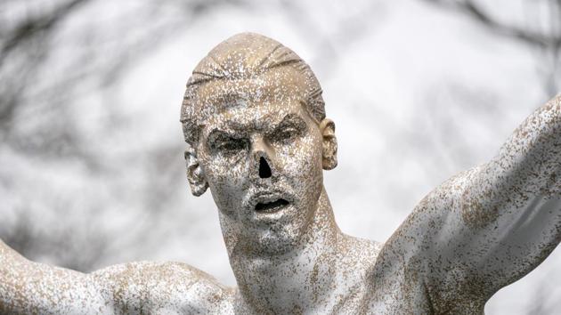 The defaced statue of Zlatan Ibrahimovic is seen in Malmo, Sweden. (AP) The defaced statue of Zlatan Ibrahimovic is seen in Malmo, Sweden. (AP)