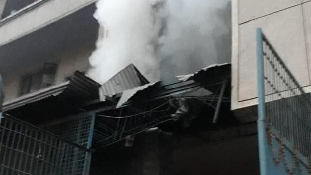 The firefighting operations are underway at one of the factories in Delhi’s Narela. (HT Photo) The firefighting operations are underway at one of the factories in Delhi’s Narela. (HT Photo)