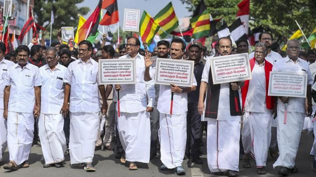 DMK president MK Stalin, senior Congress leader P Chidambaram, MDMK chief Vaiko and state unit leaders of the left parties take part in a protest march against the amended Citizenship Act (CAA), in Chennai on Dec. 23, 2019. (PTI) DMK president MK Stalin, senior Congress leader P Chidambaram, MDMK chief Vaiko and state unit leaders of the left parties take part in a protest march against the amended Citizenship Act (CAA), in Chennai on Dec. 23, 2019. (PTI)