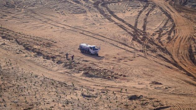 People plant trees on a sand mine. According to policy plans seen by Reuters, the local government is already working to reduce mining activity in the Poyang after banning it in the Yangtze two decades ago. Annual sand production will be limited to 39.9 million tonnes from 2019-2024, down 26.9% compared to the 2014-2018 period. Dredgers will be permitted to mine 65 square km of the lake area, a quarter of the previous level. (Aly Song / REUTERS) People plant trees on a sand mine. According to policy plans seen by Reuters, the local government is already working to reduce mining activity in the Poyang after banning it in the Yangtze two decades ago. Annual sand production will be limited to 39.9 million tonnes from 2019-2024, down 26.9% compared to the 2014-2018 period. Dredgers will be permitted to mine 65 square km of the lake area, a quarter of the previous level. (Aly Song / REUTERS)