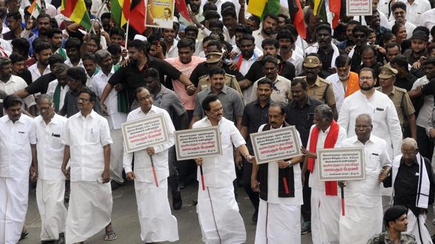 DMK chief MK Stalin, Congress leader P Chidambaram, Rajya Sabha MP Vaiko and senior leaders hold placards during a protest march against the Citizenship Amendment Act 2019 in Chennai on Monday.(ANI Photo)