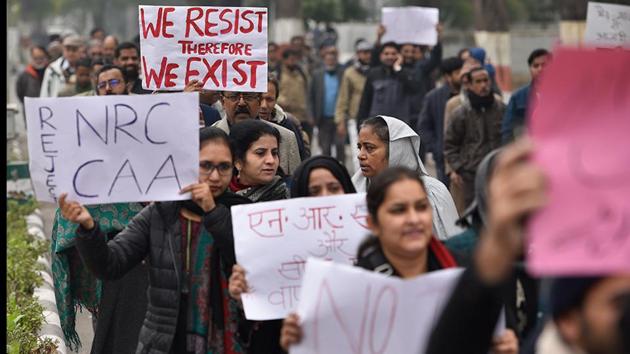 Aligarh, India - Dec. 19, 2019: Aligarh Muslim University (AMU) Teachers Association take out a solidarity march inside University campus, in Aligarh, India, on Thursday, December 19, 2019. (Photo by Burhaan Kinu/ Hindustan Times) **To go with Shiv Sunny’s story