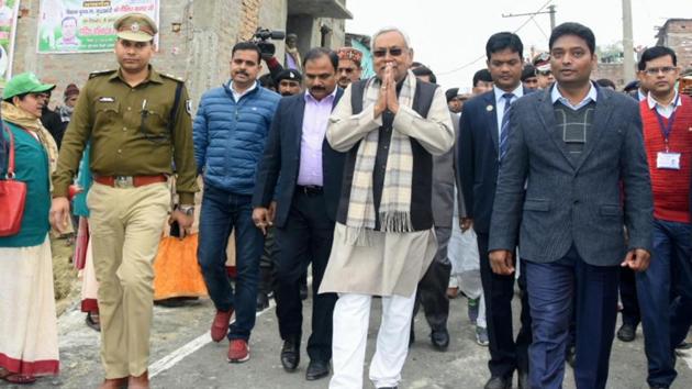 Bihar Chief Minister Nitish Kumar visits a village during statewide 'Jal-Jeevan-Hariyali Yatra' against climate crisis, in Sheohar, on Monday.(Santosh Kumar/HT Photo) Bihar Chief Minister Nitish Kumar visits a village during statewide 'Jal-Jeevan-Hariyali Yatra' against climate crisis, in Sheohar, on Monday.(Santosh Kumar/HT Photo)