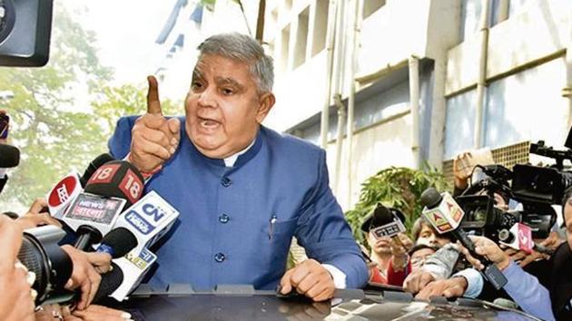 A protest by students on Tuesday forced West Bengal governor Jagdeep Dhankhar to leave the Jadavpur University (JU) campus where he had gone to preside over the annual convocation.(ANI Photo)