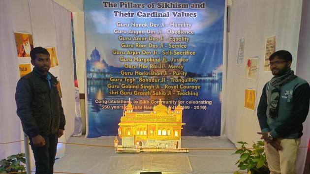 The exhibit on Sikhism at the Sector 19 church, which as per the attendants has drawn most crowd, congratulates the Sikh community on the 550th birth anniversary of Guru Nanak. (HT PHOTO) The exhibit on Sikhism at the Sector 19 church, which as per the attendants has drawn most crowd, congratulates the Sikh community on the 550th birth anniversary of Guru Nanak. (HT PHOTO)