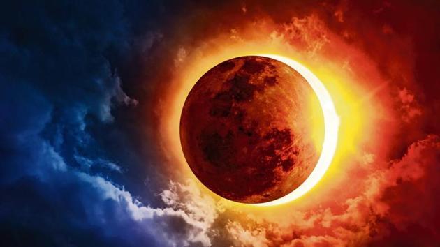 A solar eclipse occurs when the Moon passes between Earth and the Sun, thereby totally or partly obscuring the Sun for a viewer on Earth.