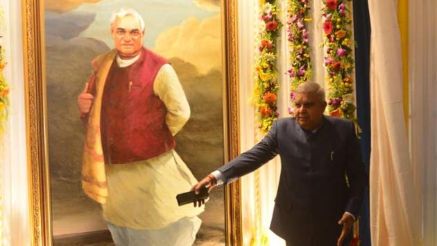 Governor Jagdeep Dhankhar in front of the portrait of Atal Behari Vajpayee that was unveiled on Wednesday morning. (Photo Raj Bhawan, Kolkata)