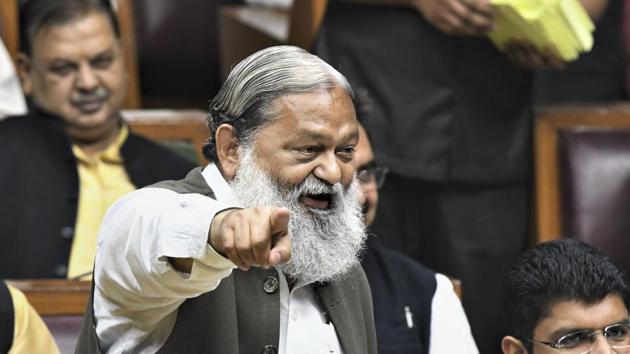 Haryana Cabinet minister Anil Vij speaks at a special session of state assembly, in Chandigarh, on November 26, 2019.(PTI Photo)