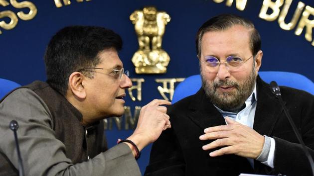 Union ministers Prakash Javadekar and Piyush Goyal brief the media on Cabinet decisions in New Delhi on Tuesday. (Sonu Mehta/HT Photo) Union ministers Prakash Javadekar and Piyush Goyal brief the media on Cabinet decisions in New Delhi on Tuesday. (Sonu Mehta/HT Photo)