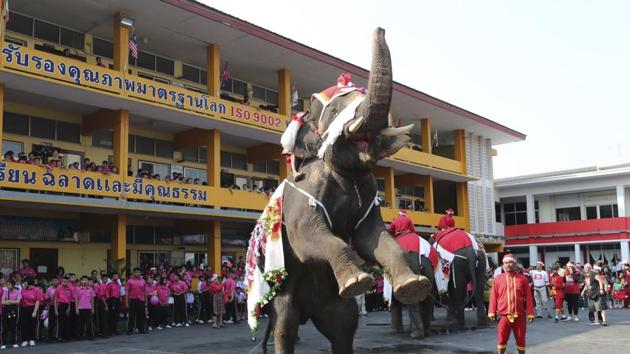 An elephant dressed in a Santa Claus costume performs for children at the Jirasartwitthaya school during Christmas celebrations. (AP)