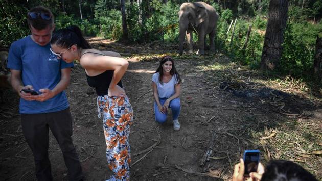 Tourists take pictures with elephants at the ChangChill elephant sanctuary,Chiang Mai. Here young elephants are “broken” to interact with tens of millions of tourists who visit Thailand every year, many eager to capture social media-worthy encounters of the kingdom’s national animal playing sports, dancing and even painting. (Lillian Suwanrumpha / AFP)