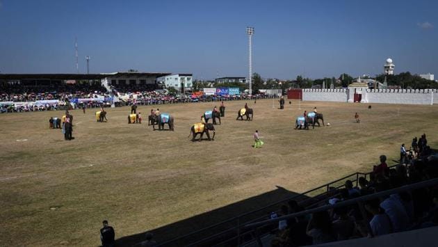 Elephants forced to play football for tourists during the annual Surin Elephant Round-up festival in Surin. Of the 220 elephant parks identified across the country, even if many promise ethical tourism, “only a dozen ensure truly satisfactory living conditions”, according to World Animal Protection (WAP). It is working with ChangChill, a small organisation near Chiang Mai, bordered by a river in the middle of rice terraces. (Lillian Suwanrumpha / AFP)