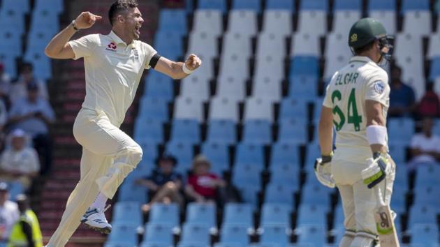 England's bowler James Anderson, left, jumps as he celebrates after dismissing South Africa's Dean Elgar(AP)