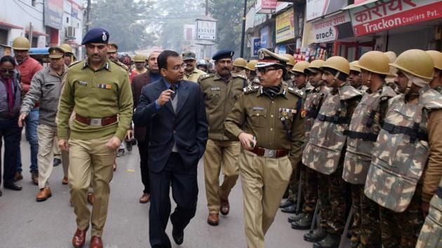Senior police officers conducting a march as a security measure in Varanasi on Dec 26, 2019. (ANI Photo)