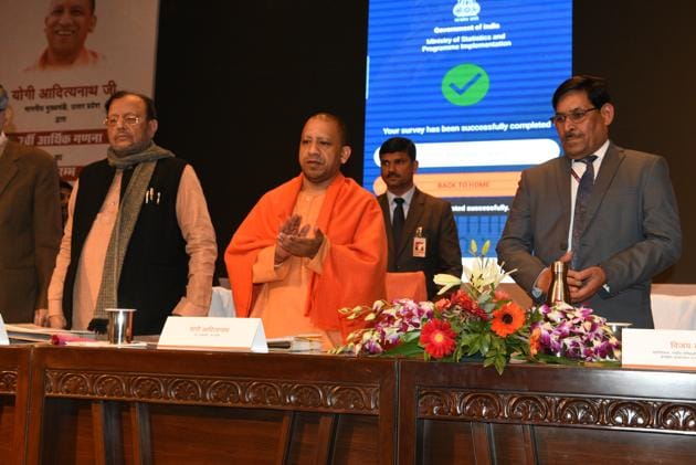 UP chief minister Yogi Adityanath at the launch of the 7th Economic Census in Lucknow on Thursday.(Dheeraj Dhawan/HT)