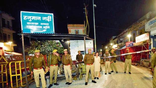 Police at the site in Ayodhya on November 8.(PTI Photo)
