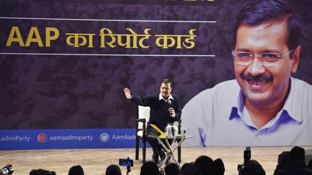 Delhi Chief minister Arvind Kejriwal addresses the first townhall meeting to discuss “AAP ka Report Card”, New Delhi, December 26(Sanjeev Verma/HT PHOTO) Delhi Chief minister Arvind Kejriwal addresses the first townhall meeting to discuss “AAP ka Report Card”, New Delhi, December 26(Sanjeev Verma/HT PHOTO)