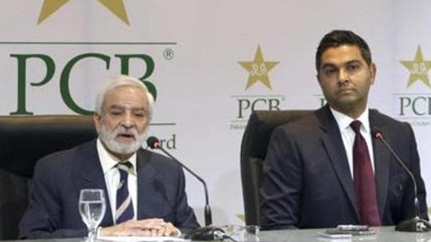 Pakistan Cricket Board's new managing director Wasim Khan, right, looks on during a press conference with the PCB Chairman Ehsan Mani in Lahore.(AP) Pakistan Cricket Board's new managing director Wasim Khan, right, looks on during a press conference with the PCB Chairman Ehsan Mani in Lahore.(AP)