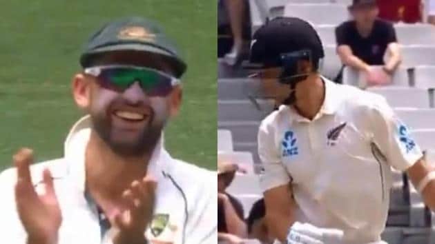 Nathan Lyon laughs as Trent Boult looks for the ball.(cricket.com.au/ Twitter)