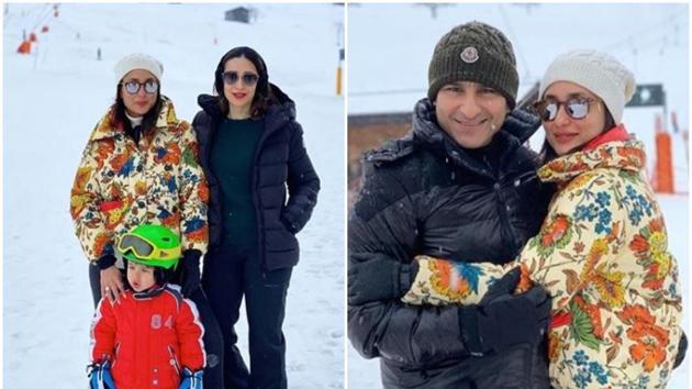 Kareena Kapoor with Saif Ali Khan, Taimur Ali Khan and Karisma Kapoor in Switzerland.