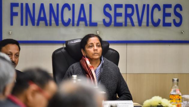 Union Finance Minister Nirmala Sitharaman during a review meeting with chief executive officers (CEOs) of public sector banks (PSBs) in New Delhi, Saturday, Dec. 28, 2019.(PTI)